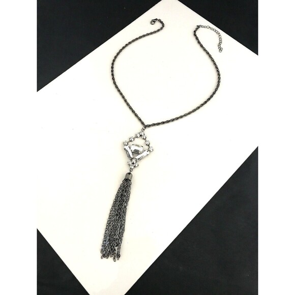 New Boutique Necklace Clear Stones Tassel Hematite Tone Women's 1L - Picture 8 of 10